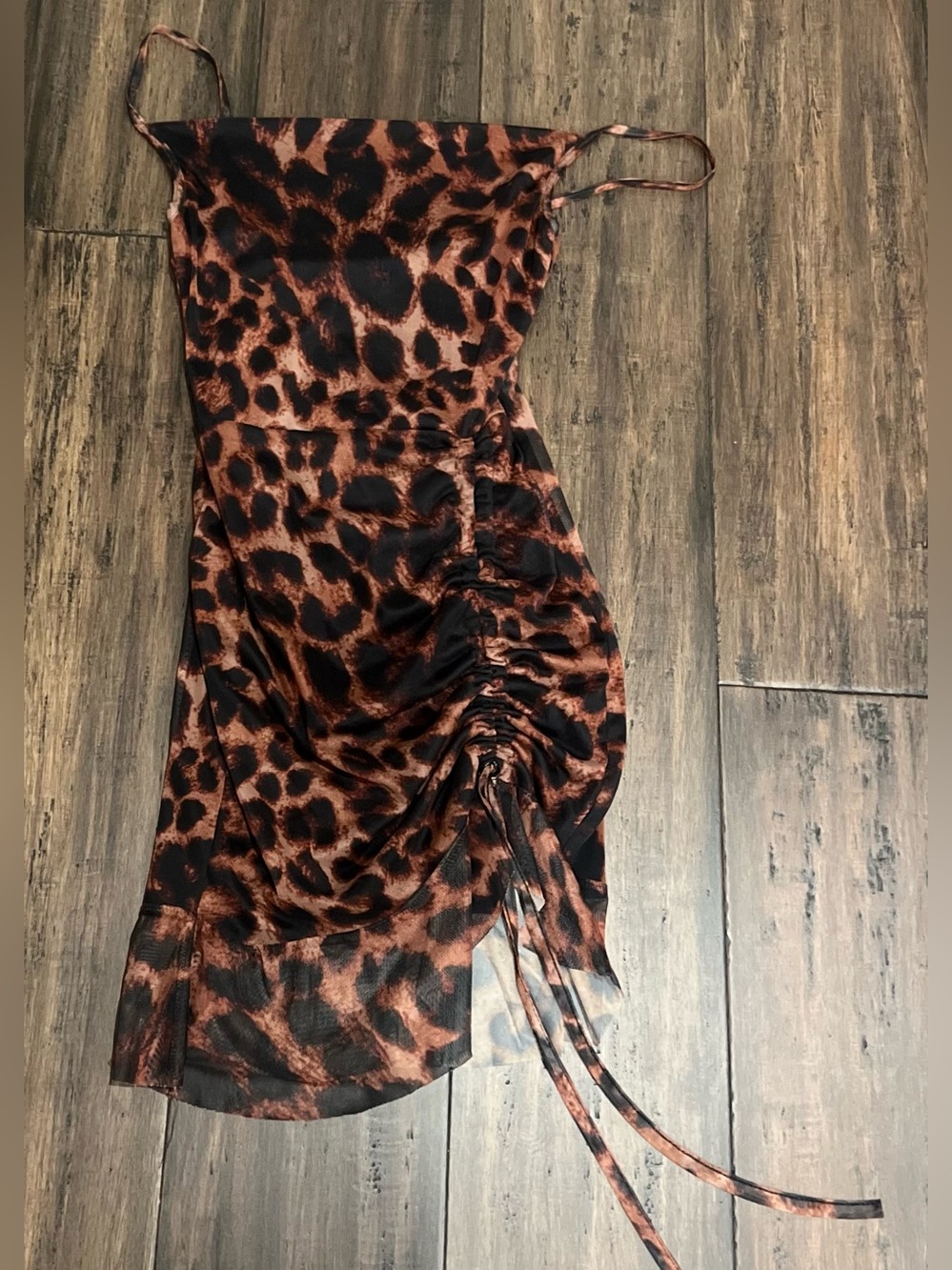 PrettyLittleThing Leopard Print Ruched Slip Dress in Copper and Black